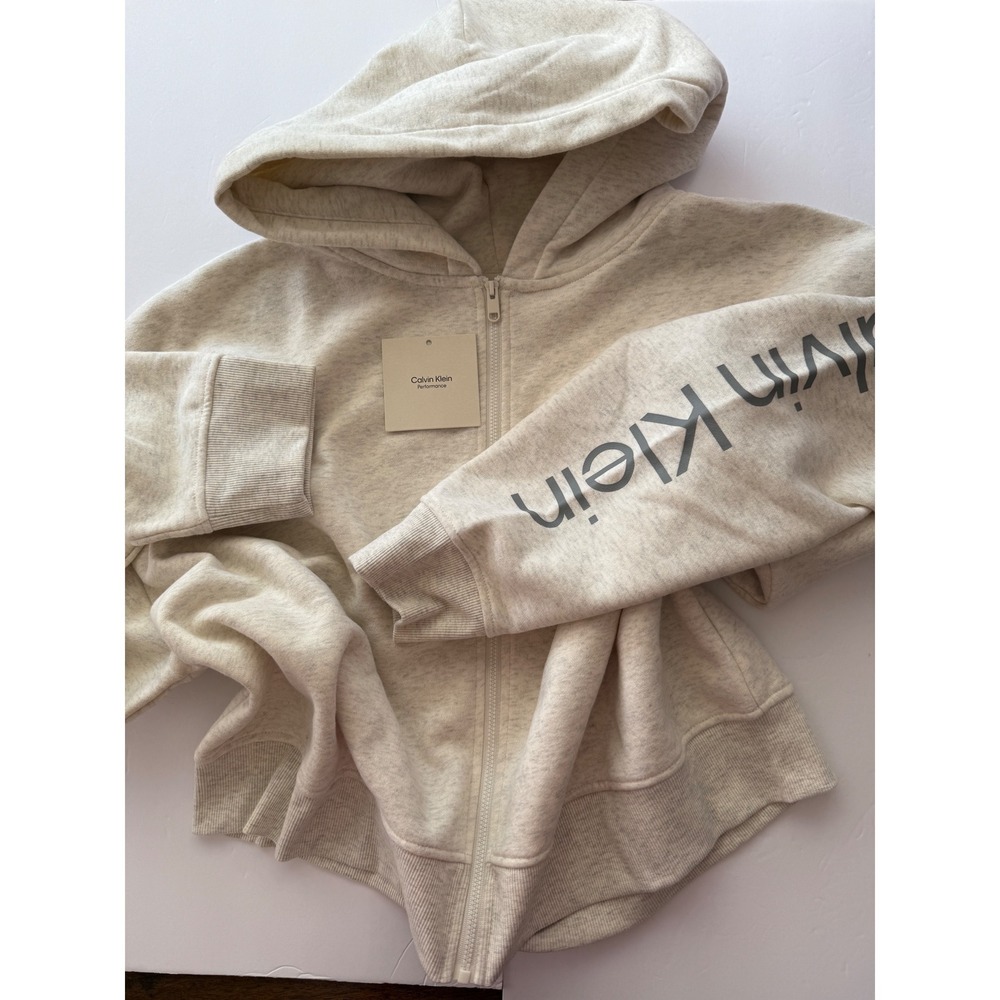 Calvin Klein Performance Womens Oatmeal Heather Full Zip Logo Hoodie M NWT